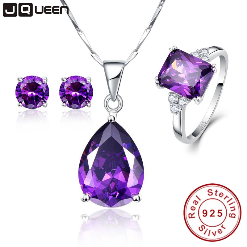 3PCS/Set Promotion Price High Grade Amethyst Engagement Bridal Jewelry Sets Silver Necklace with Stud Earrings & Wedding Bands