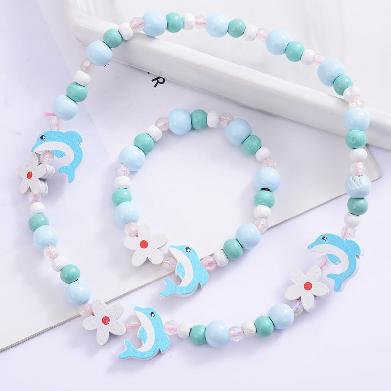 3Pcs Cute Cartoon Wooden Flower Animal Child Sweater Bracelet Necklace Girl's Birthday Gifts Children Jewelry Supplier