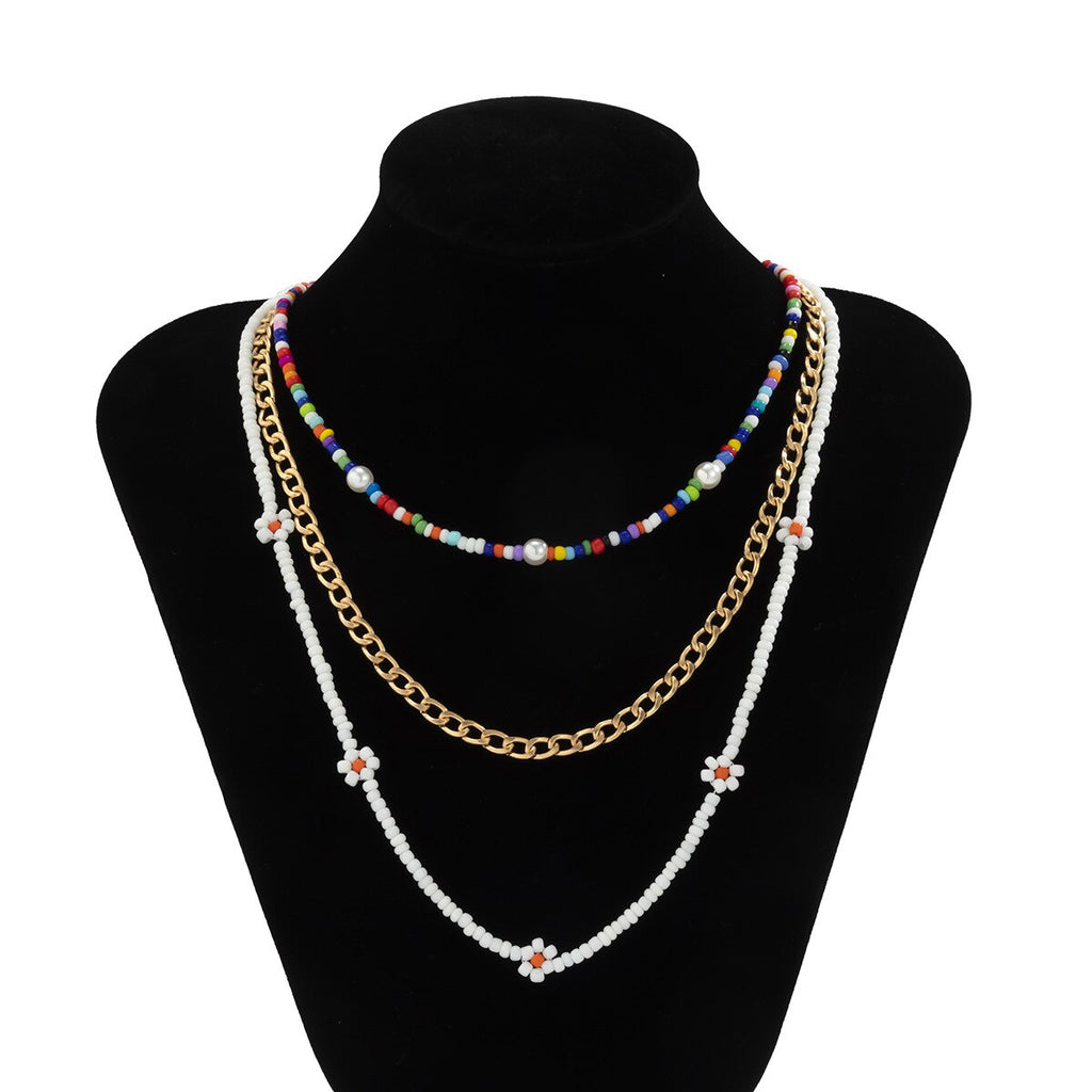 3Pcs/Set Bohemian Colorful Flower White Beaded Choker Necklace Female Y2K Multilayer Metal Chain Necklace Set Statement Jewelry