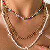 3Pcs/Set Bohemian Colorful Flower White Beaded Choker Necklace Female Y2K Multilayer Metal Chain Necklace Set Statement Jewelry