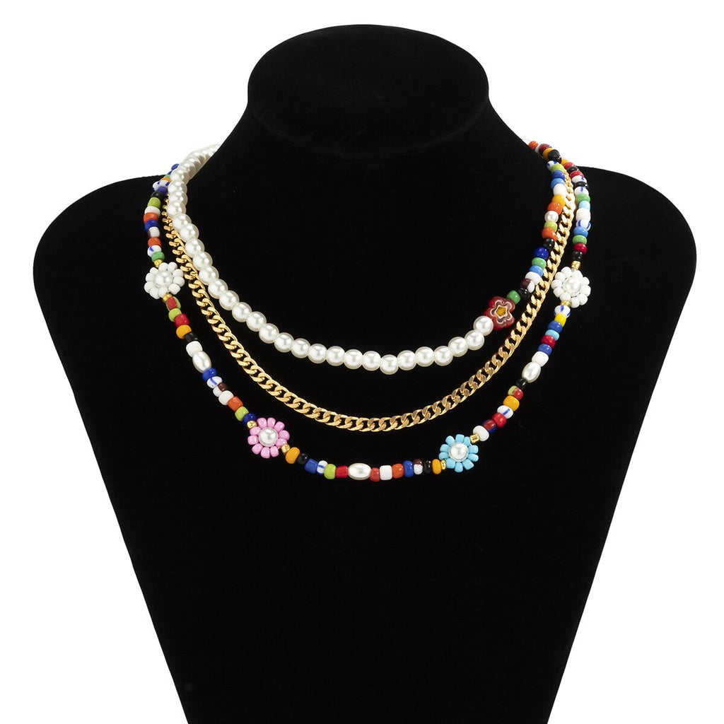 3Pcs/Set Bohemian Colorful Flower White Beaded Choker Necklace Female Y2K Multilayer Metal Chain Necklace Set Statement Jewelry