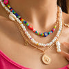 3Pcs/Set Bohemian Colorful Flower White Beaded Choker Necklace Female Y2K Multilayer Metal Chain Necklace Set Statement Jewelry