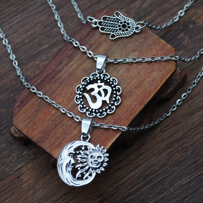 3Pcs/Set Boho Vintage Multilayer Chokers Necklace for Women Chain Fatima Hamsa Hand OM Pendant Necklace Jewelry