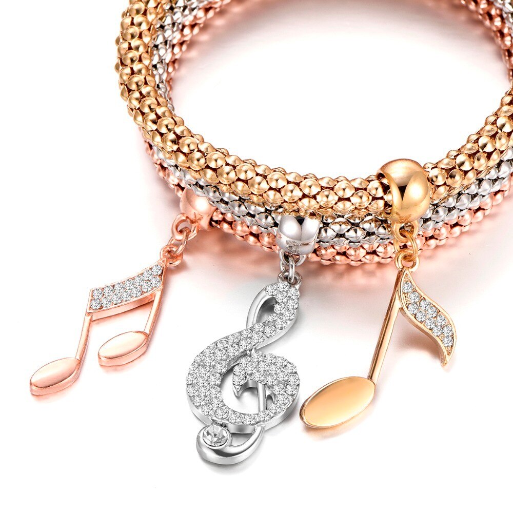 3Pcs Set Bracelet female Gold Silvery Rose Gold Color Music Note Charm Bracelet for Women Stretch Crystal Multilayer Bracelet