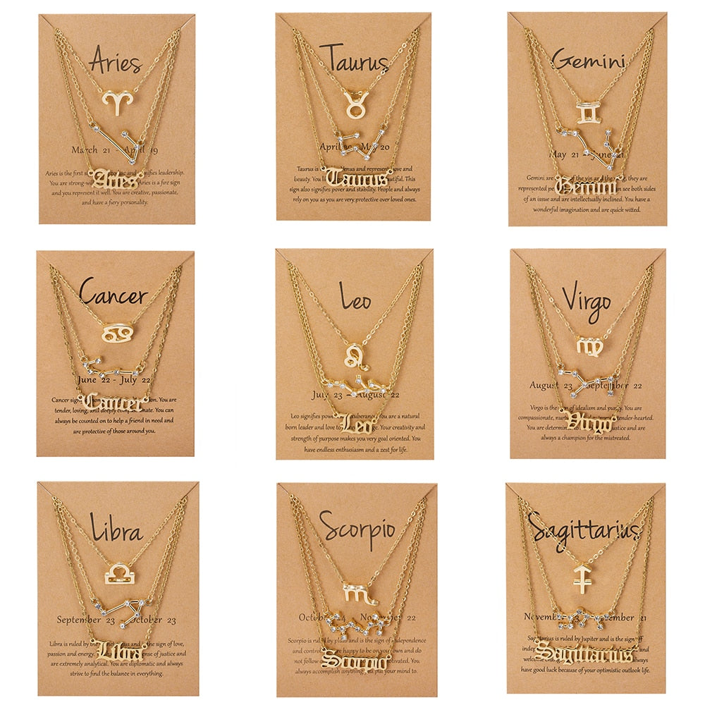 3Pcs/Set Cardboard Star Zodiac Sign Pendant 12 Constellation Charm Gold Necklace Aries Cancer Leo Scorpio Necklace Jewelry Gifts