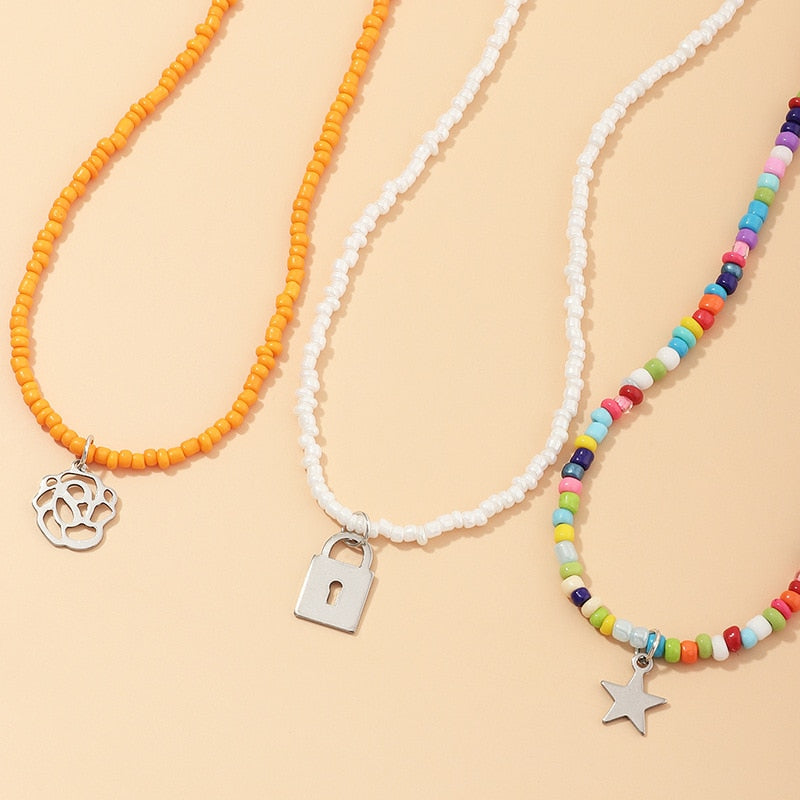 3Pcs/Set Outer Banks Colorful Beads Pendant Necklaces For Women Vintage Flower Star Necklace Boho Chain Choker Jewelry