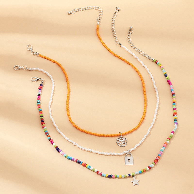3Pcs/Set Outer Banks Colorful Beads Pendant Necklaces For Women Vintage Flower Star Necklace Boho Chain Choker Jewelry