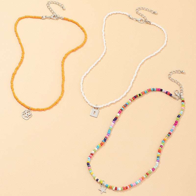 3Pcs/Set Outer Banks Colorful Beads Pendant Necklaces For Women Vintage Flower Star Necklace Boho Chain Choker Jewelry