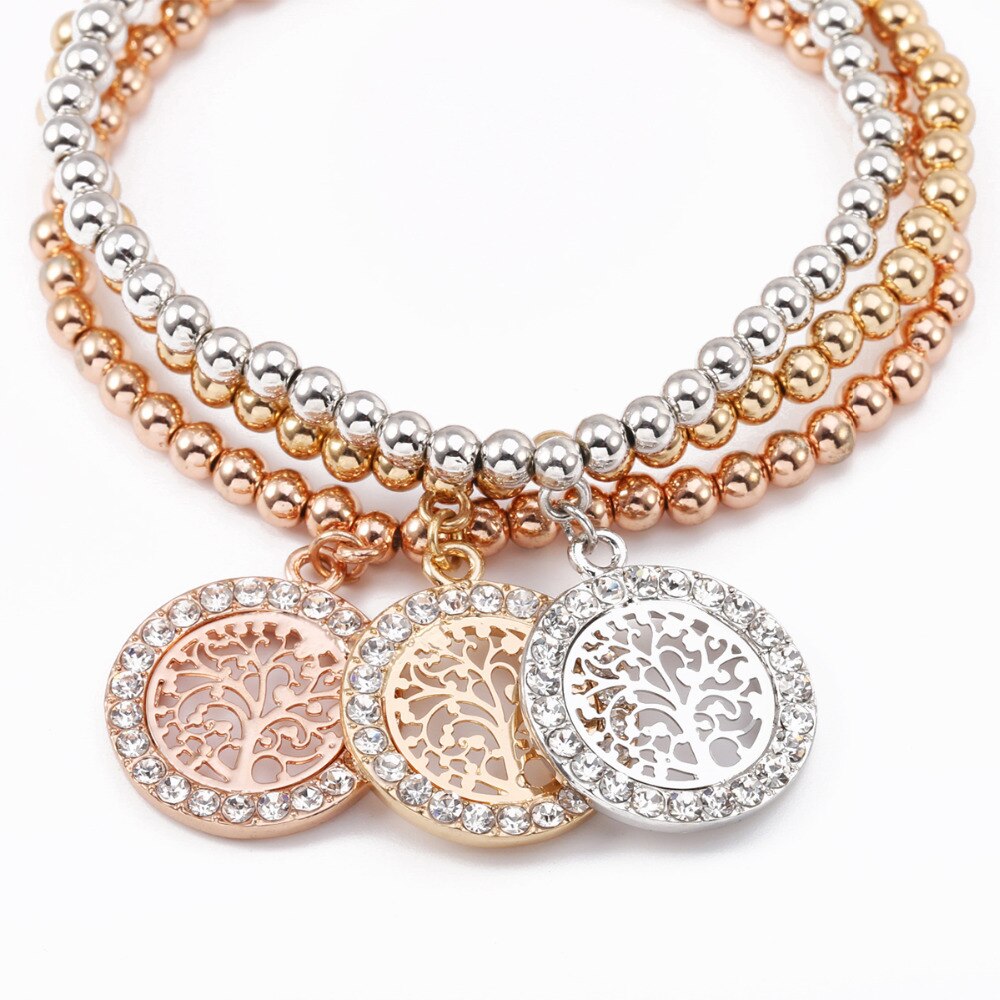 3Pcs/set Crystal Round shape Bracelets Tree of Life Silvery Gold Mix Color Beads Bracelet For Women 2022 Adjustable Jewelry