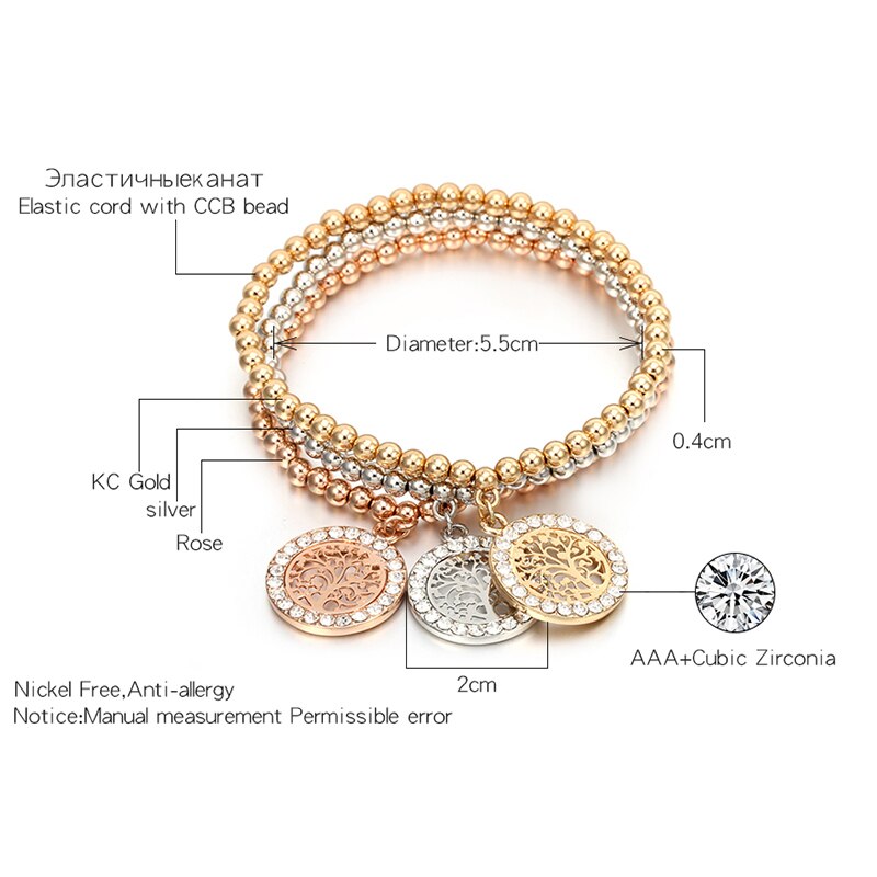 3Pcs/set Crystal Round shape Bracelets Tree of Life Silvery Gold Mix Color Beads Bracelet For Women 2022 Adjustable Jewelry