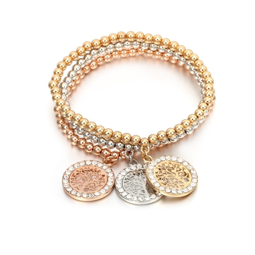 3Pcs/set Crystal Round shape Bracelets Tree of Life Silvery Gold Mix Color Beads Bracelet For Women 2022 Adjustable Jewelry