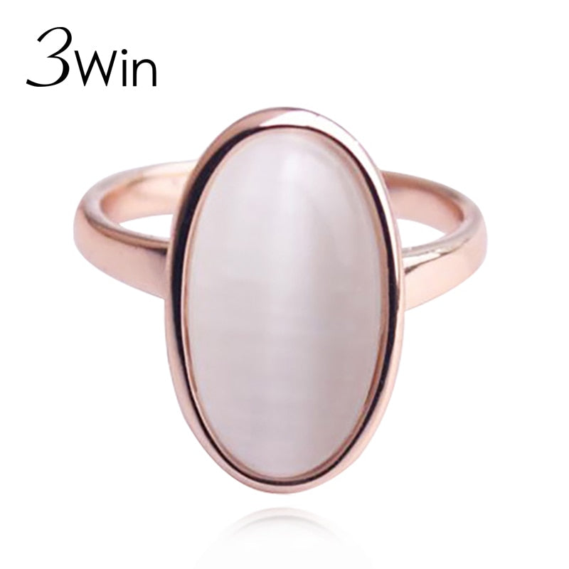 3Win Vintage Natural Opal Cat Eye Cocktail Ring Rose Gold Color Rings for Women New Design Fashion Bridal Jewelry Silver Rings