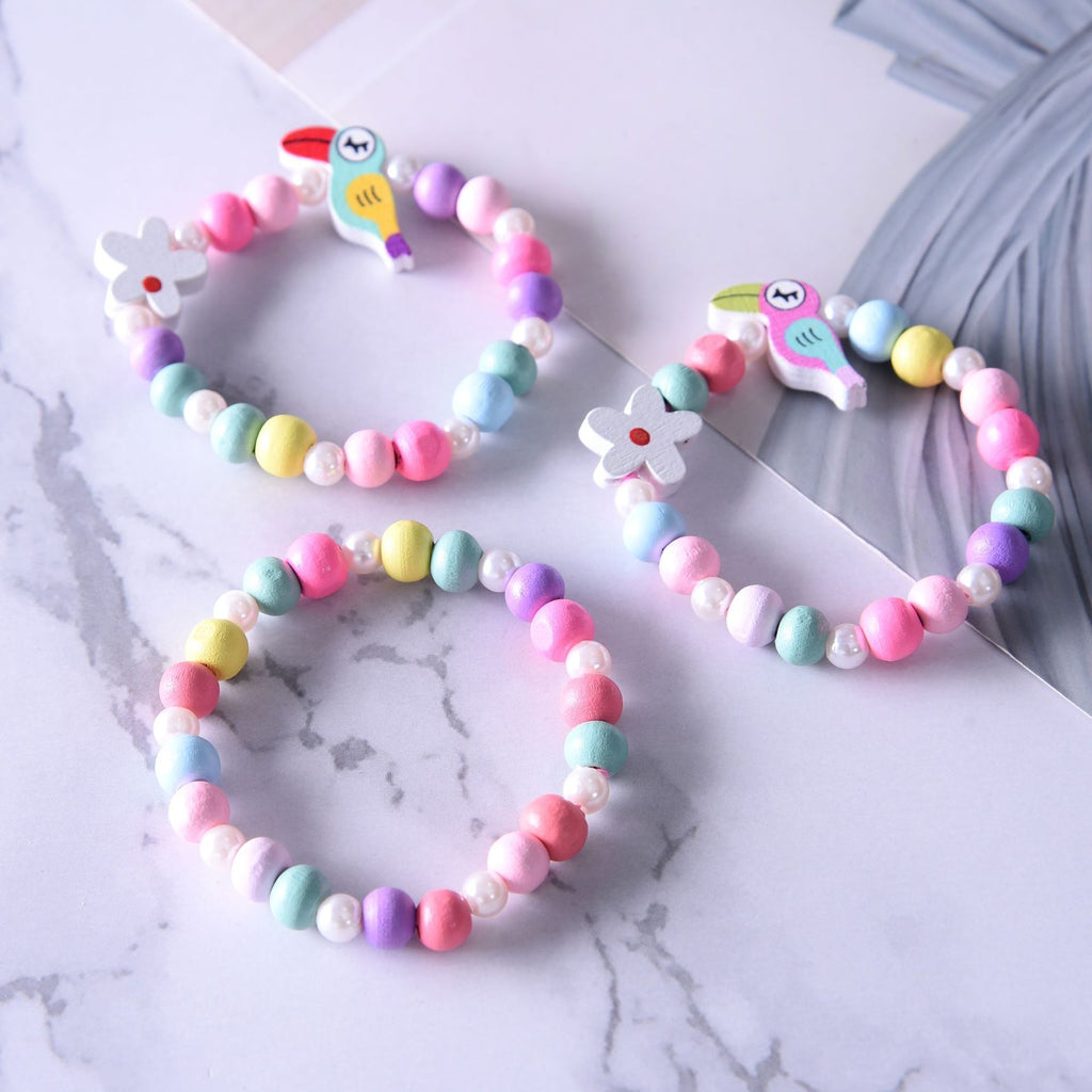 3pcs Cute Colorful Animal Flower Cartoon Wooden Beads Bracelet Children Toy Jewelry Girl Boy Gifts