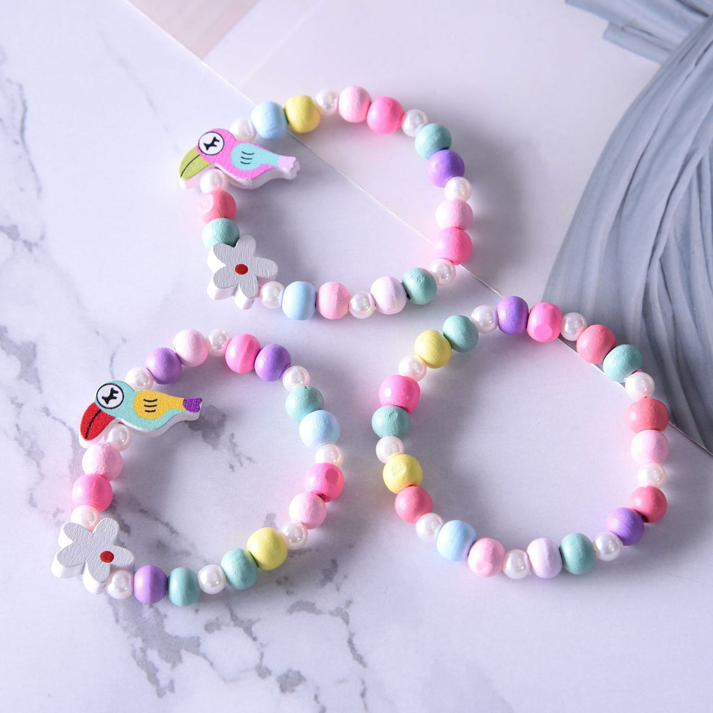 3pcs Cute Colorful Animal Flower Cartoon Wooden Beads Bracelet Children Toy Jewelry Girl Boy Gifts