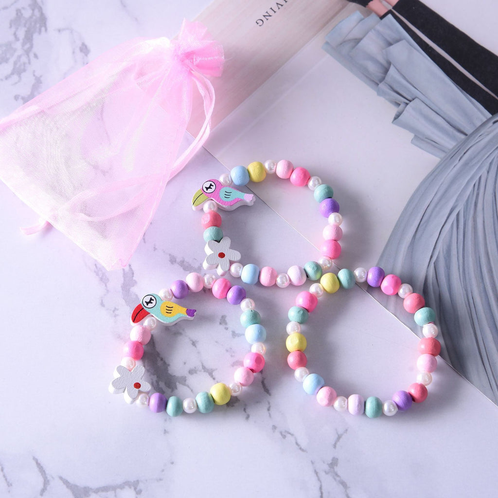 3pcs Cute Colorful Animal Flower Cartoon Wooden Beads Bracelet Children Toy Jewelry Girl Boy Gifts