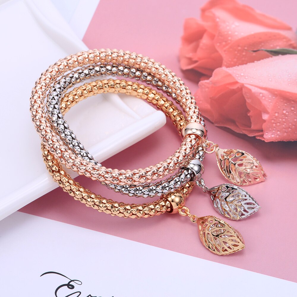 3pcs/set Bracelets For Women Gold Silvery 3D Leaves Charms Bracelet Elastic Popcorn Chain 2022 Jewelry Party Gifts