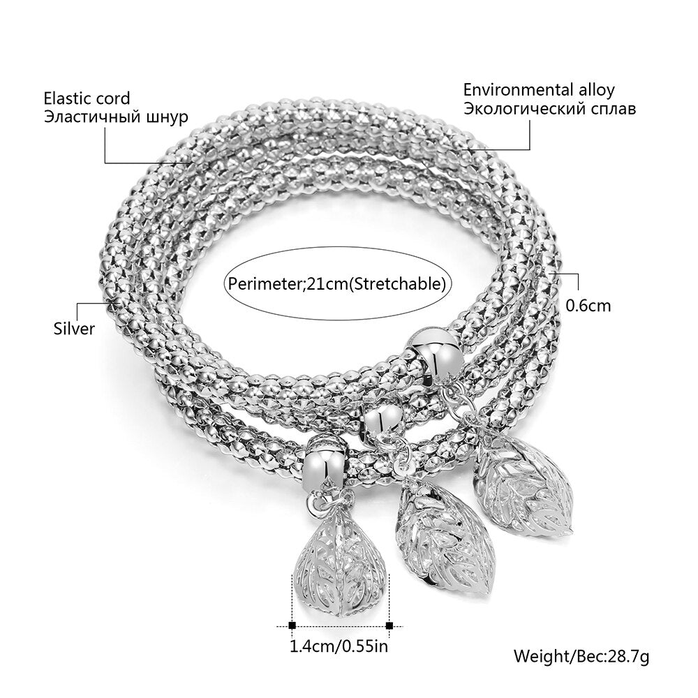 3pcs/set Bracelets For Women Gold Silvery 3D Leaves Charms Bracelet Elastic Popcorn Chain 2022 Jewelry Party Gifts