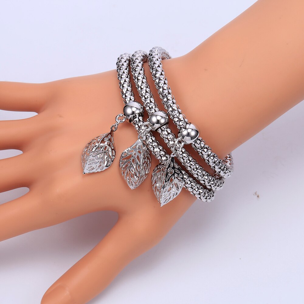3pcs/set Bracelets For Women Gold Silvery 3D Leaves Charms Bracelet Elastic Popcorn Chain 2022 Jewelry Party Gifts