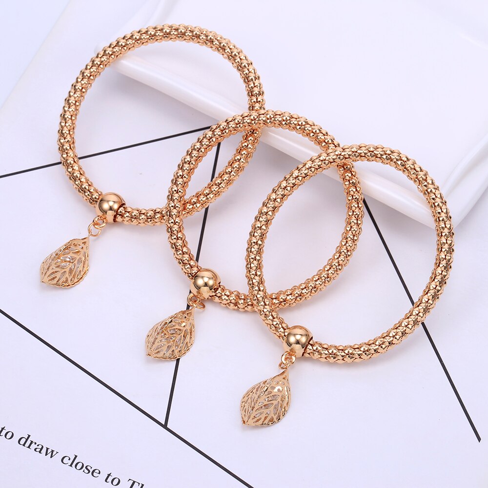 3pcs/set Bracelets For Women Gold Silvery 3D Leaves Charms Bracelet Elastic Popcorn Chain 2022 Jewelry Party Gifts