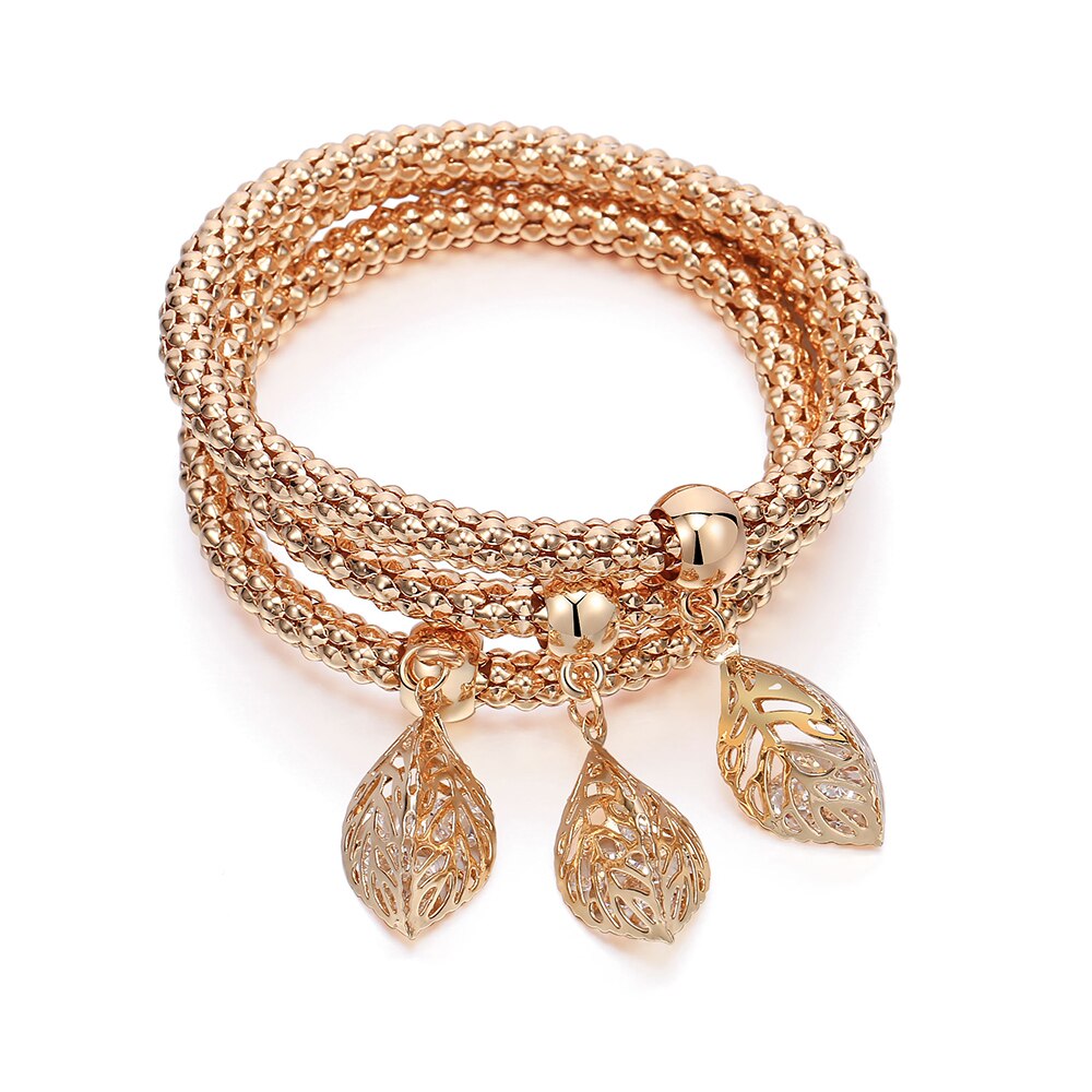3pcs/set Bracelets For Women Gold Silvery 3D Leaves Charms Bracelet Elastic Popcorn Chain 2022 Jewelry Party Gifts
