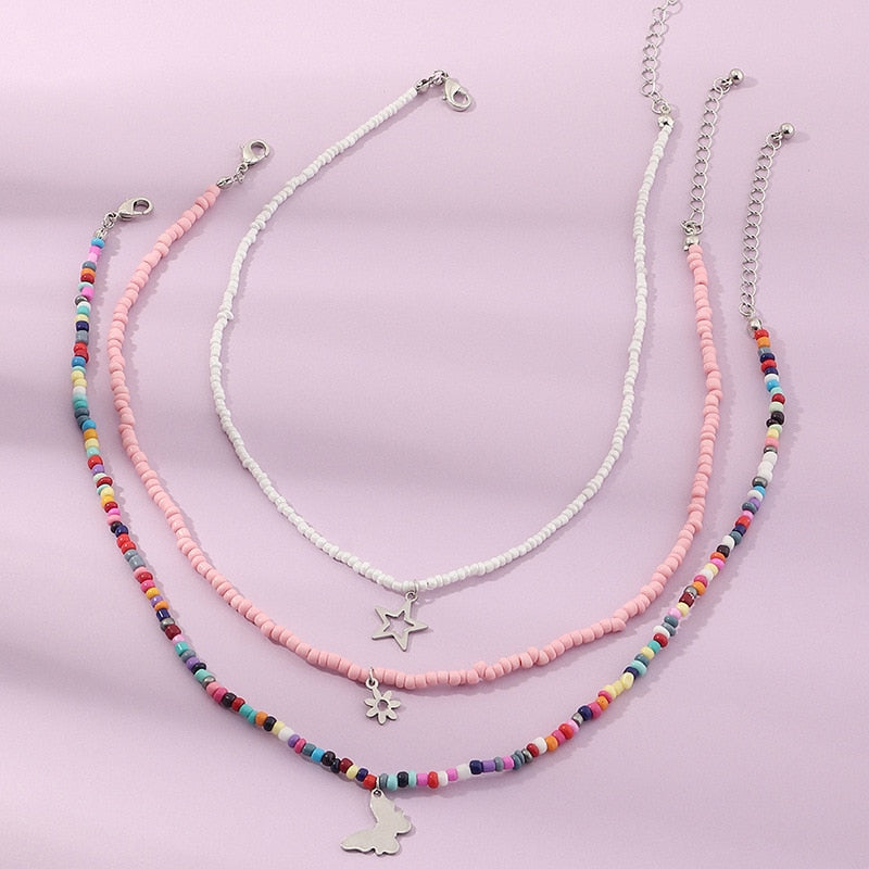 3pcs/set Colorful Acrylic Resin Beads Star Moon Lock Butterfly Pendant Necklace for Women Party Summer Jewelry Gift 2021