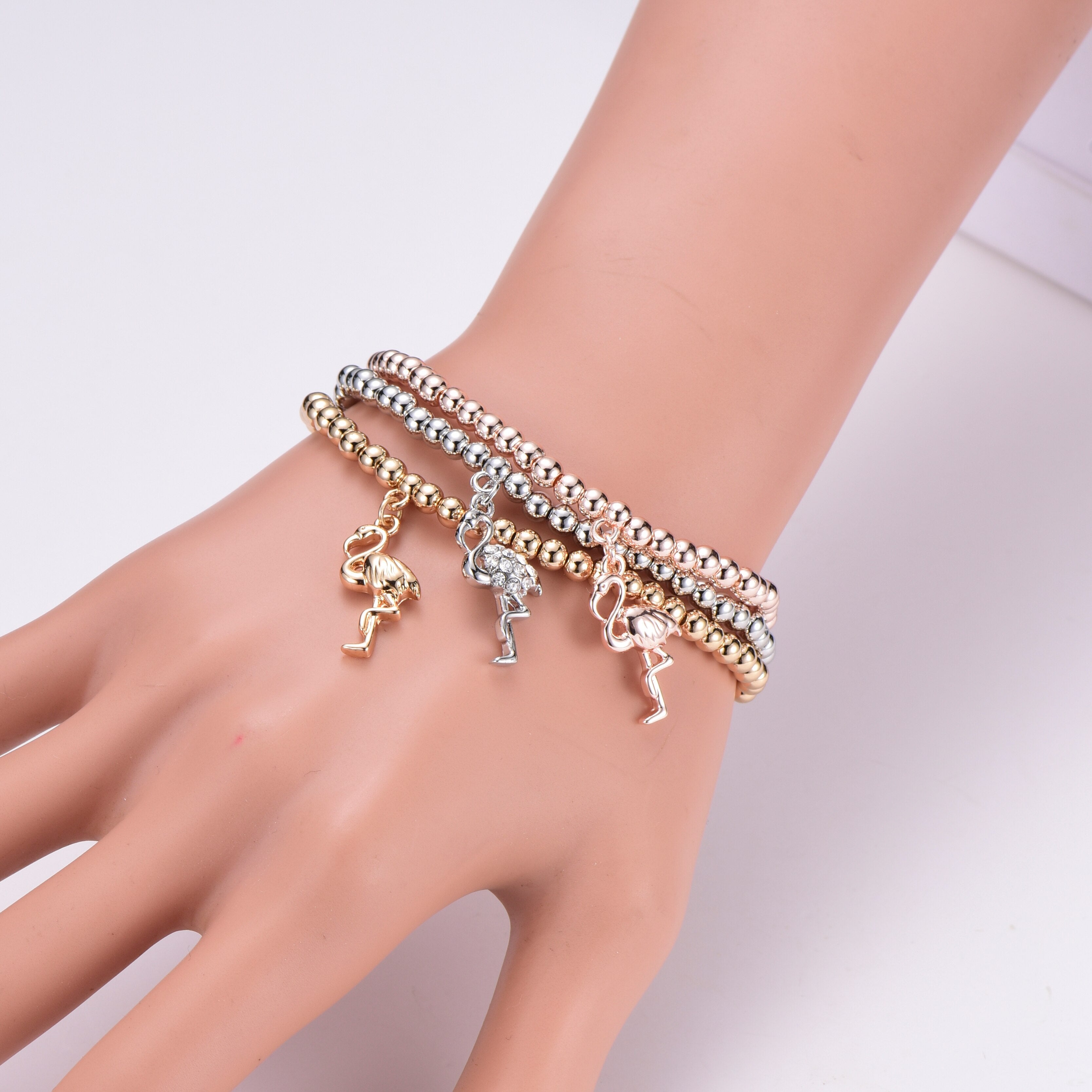 3pcs/set Flamingo Charm Bracelets For Woman Gold Silvery Beads Adjustable Bracelet 2022 Jewelry Accessories