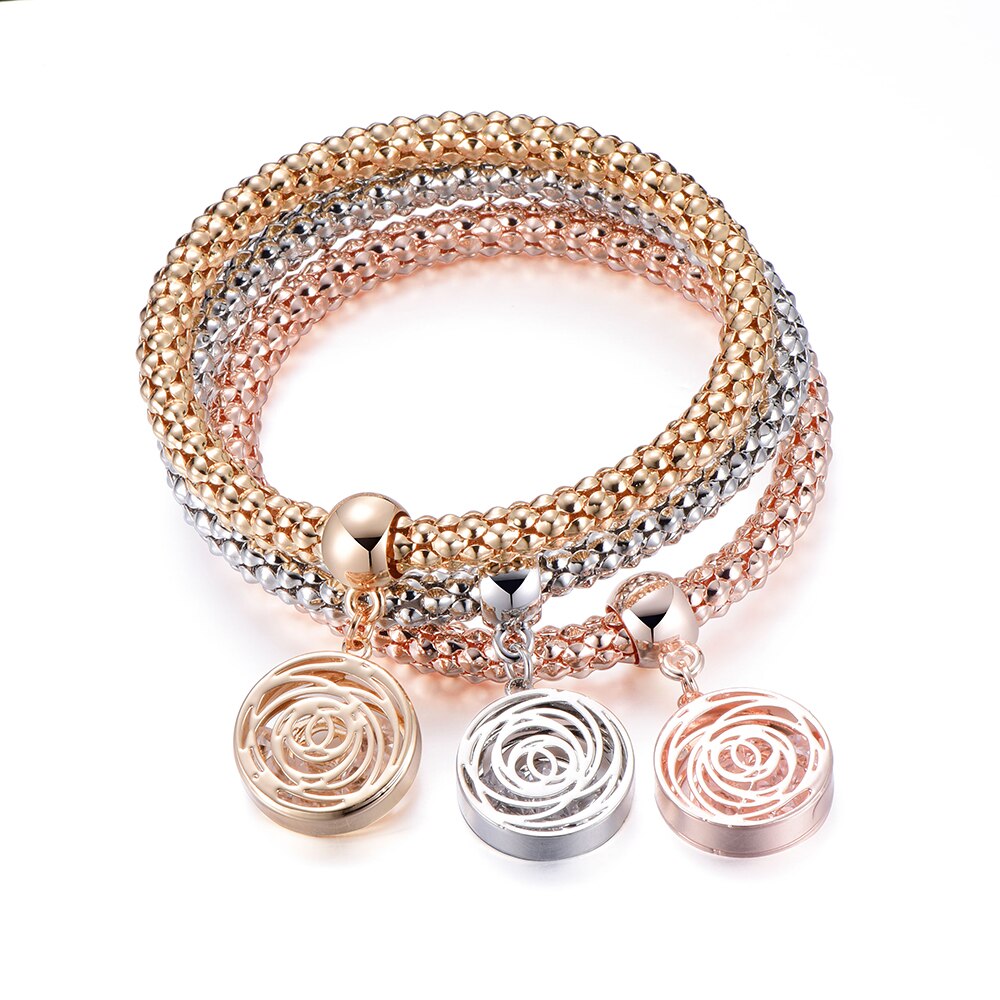 3pcs/set Mix Color Round Hollow Rose Charm Bracelets For Women Gold Silvery Popcorn Chain Rhinestone 2022 Jewelry