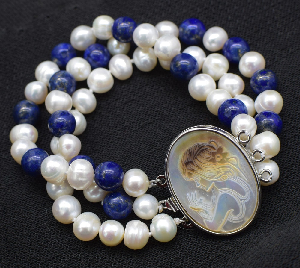 3rows blue lapis and pearl round 8mm bracelet 7.5inch   beads nature