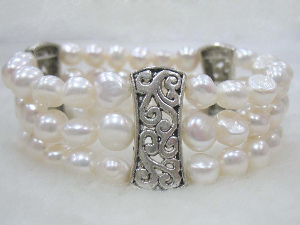 3rows pearl white /pink /purple/black 7-8mm baroque bracelet 7.65inch   beads nature FPPJ