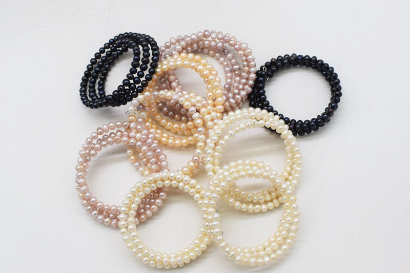 3rows frrshwater pearl white/black/pink/purple near round 5-6mm bracelet 7.5inch   beads nature freeshipping gift