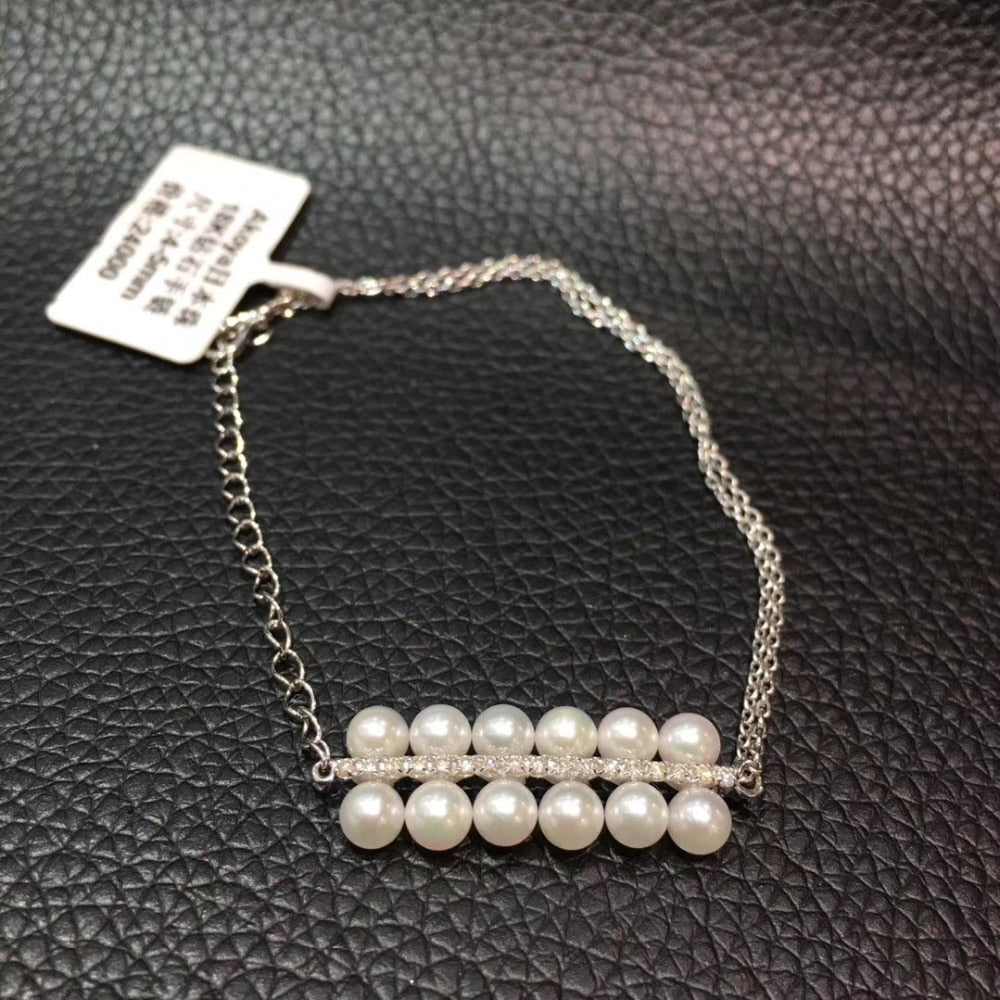 4-5MM natural sea water pearl bracelet akoya small pearl bracelet 18K white gold with diamond fine women jewelry