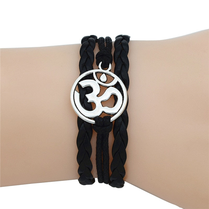4 Colors Buddhist Hinduism Yoga Jewelry Leather Bracelet Antique Silver AUM OM Charm Meditate Yoga Meditation Yogi OHM Bracelets