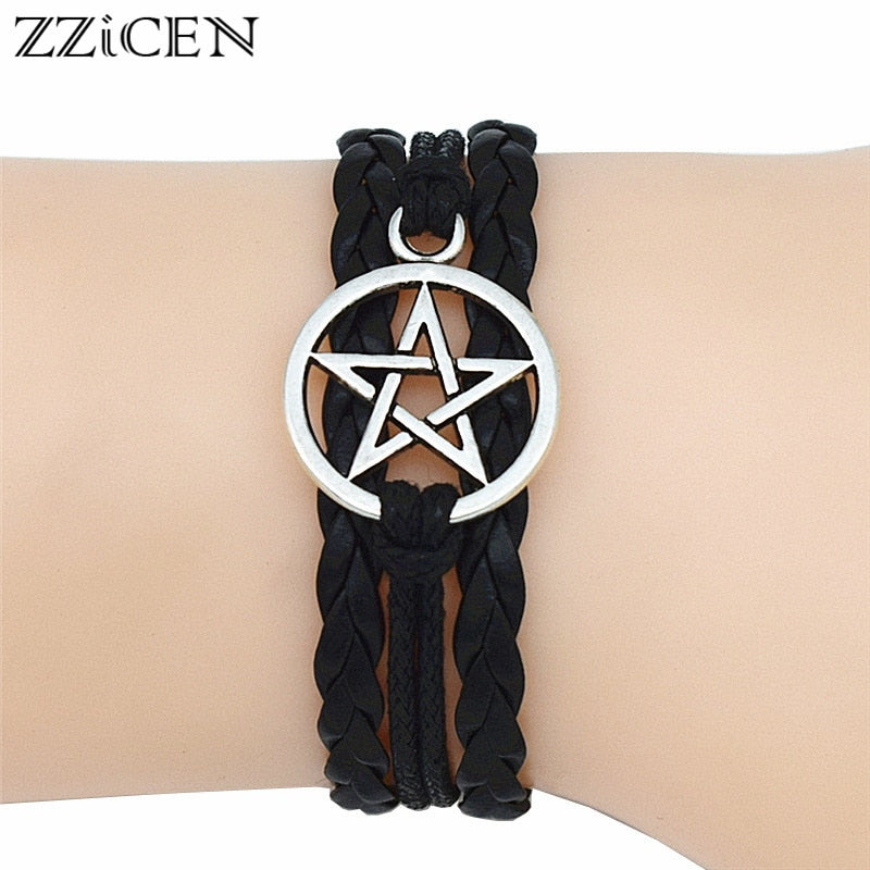 4 Colors  Gothic  Antique Pentagram Charms Wiccan Pentacle Leather Bracelets Vintage Jewelry Gift for Women Men