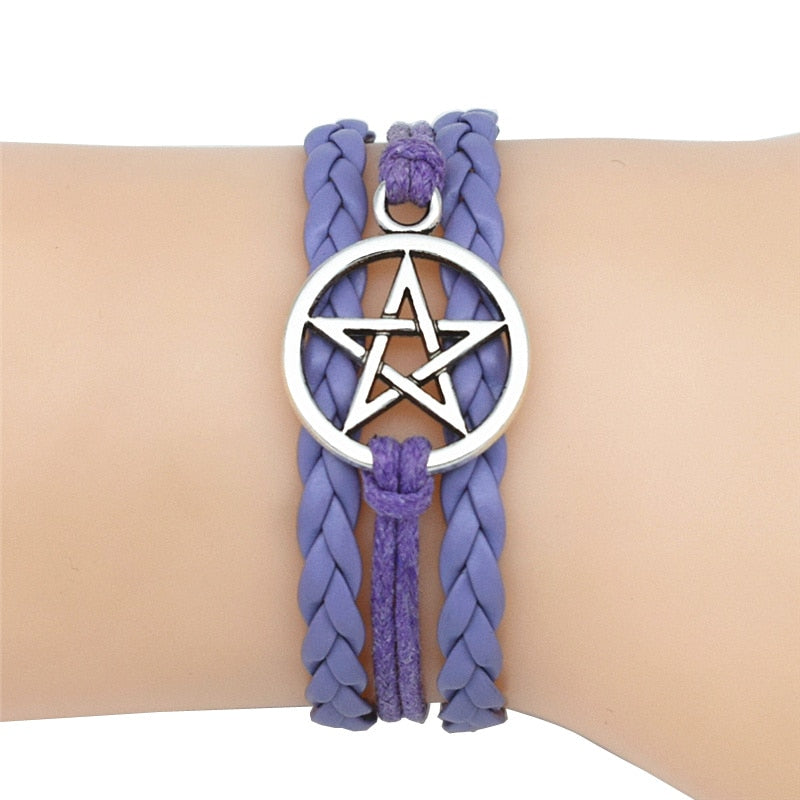 4 Colors  Gothic  Antique Pentagram Charms Wiccan Pentacle Leather Bracelets Vintage Jewelry Gift for Women Men