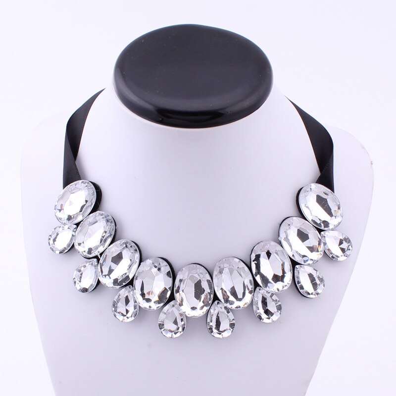4 Colors Statement Black Ribbon Adjustable Oval Water Drop Big Gem Rhinestone Crystal Choker Necklaces Pendants For Women Party