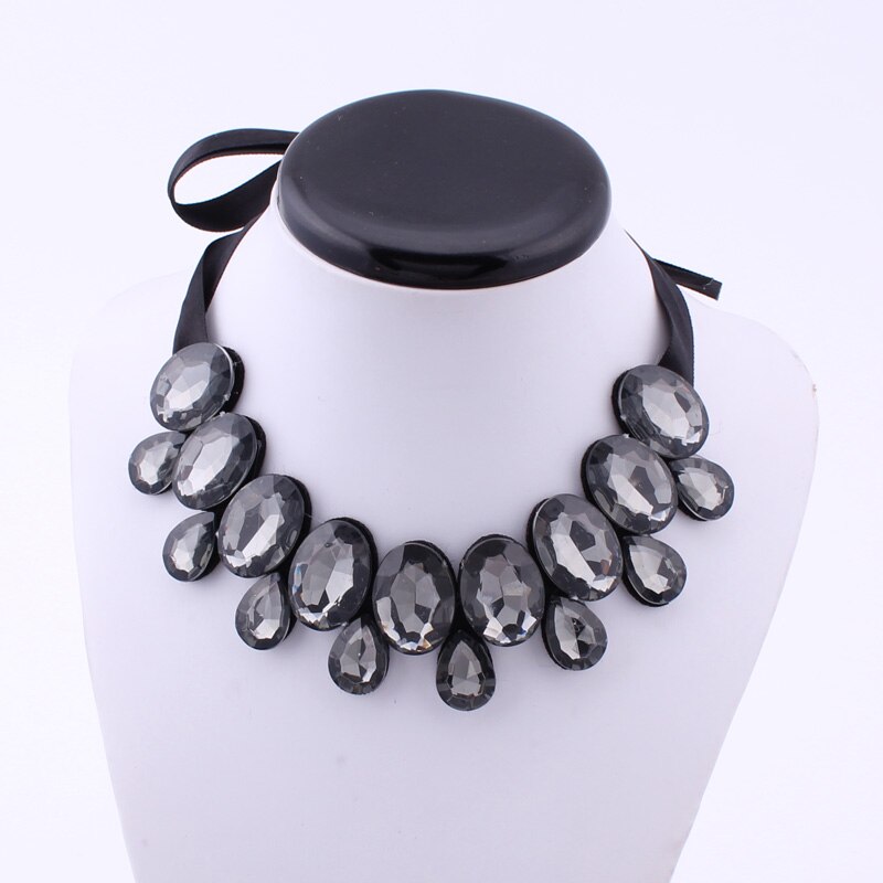 4 Colors Statement Black Ribbon Adjustable Oval Water Drop Big Gem Rhinestone Crystal Choker Necklaces Pendants For Women Party