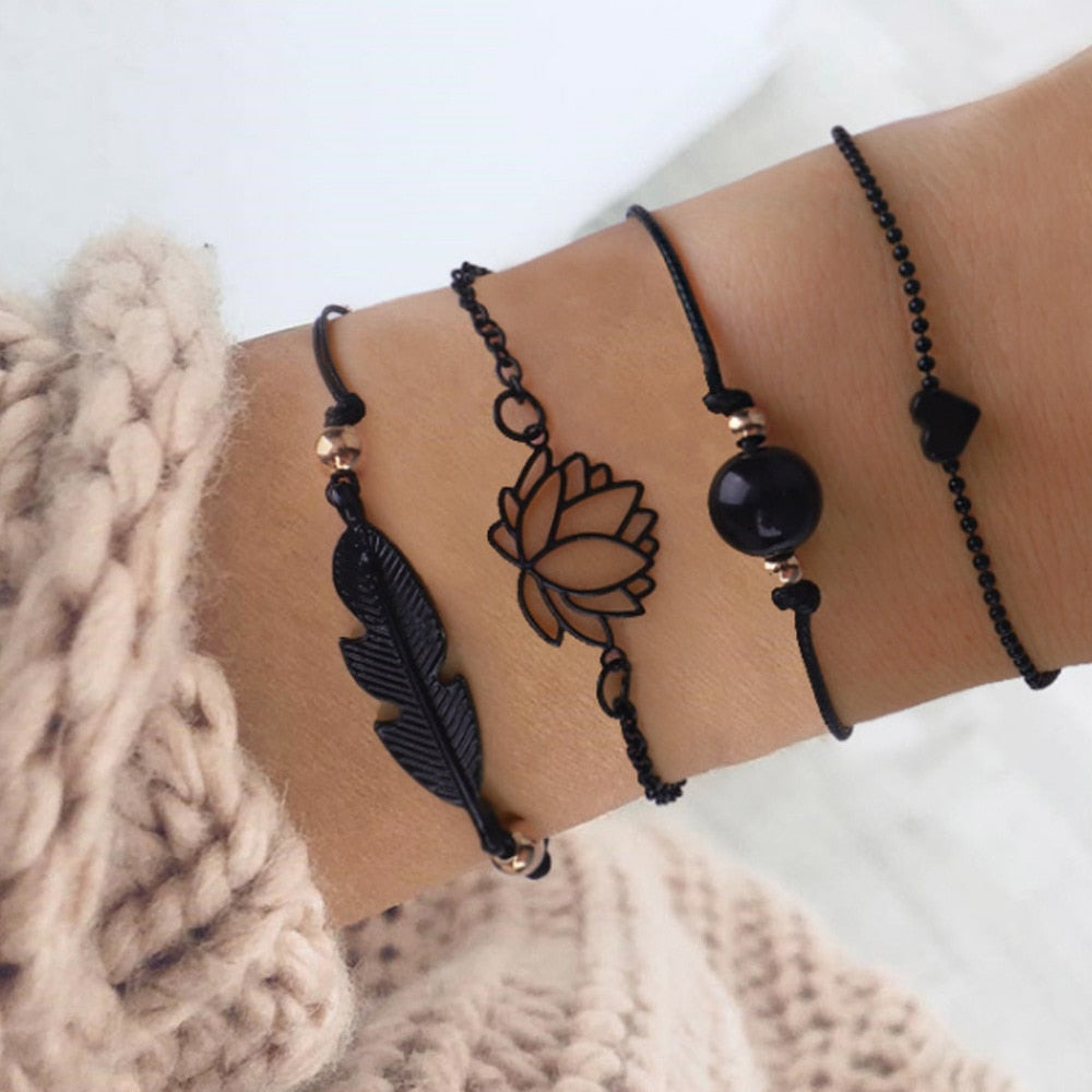 4-piece Lotus Pearl Black Hand Woven Bracelet Simple And Creative Hollow Out Love Women's Bracelet 2021  Bohemian Bracelet