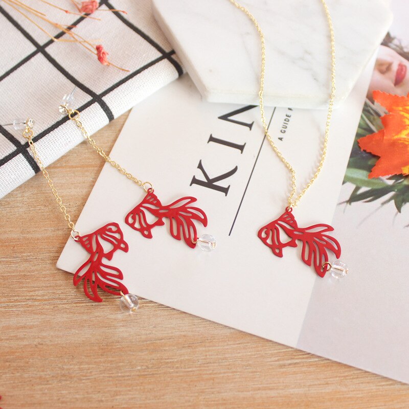 40 Cm Length Gold Color Chain Japanese Lucky Red Fish Pendant Kolla Choker Crystal Zephyr Hollow Koi Necklace For Women Girls