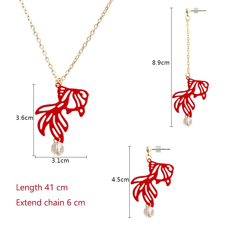 40 Cm Length Gold Color Chain Japanese Lucky Red Fish Pendant Kolla Choker Crystal Zephyr Hollow Koi Necklace For Women Girls