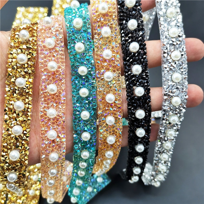 40CM Bling Crystal Ribbon Wrap Trim Rhinestone Cup Chain Pearl Crystal Chain DIY Wedding Cake Party Decoration