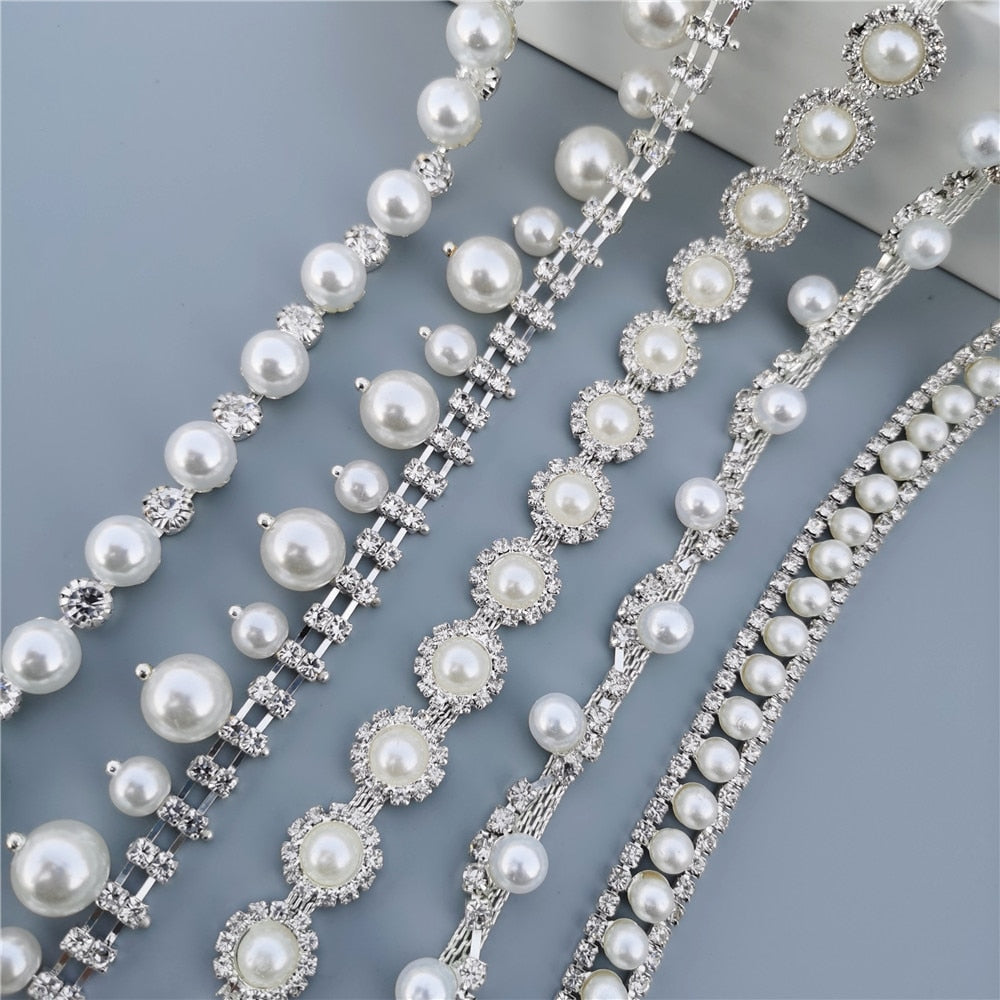 45cm/Lot Pearl Crystal Chain Manual Rhinestones Trim Ribbon Metal Chain Decoration Collar Wedding Dress Clothing Bag Accessories