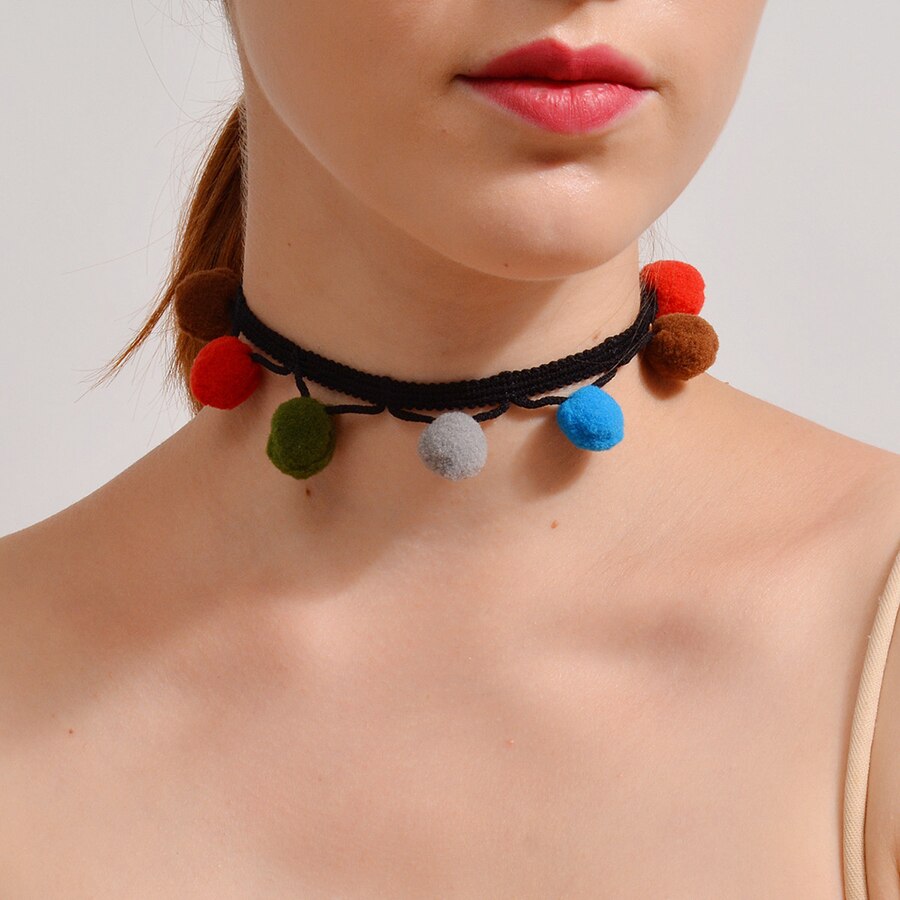 4Color Harajuku Colorful Fur Ball Tassel Choker Necklace For Women Ethnic Pompon Fluffy Necklaces Chokers Choker Chocker