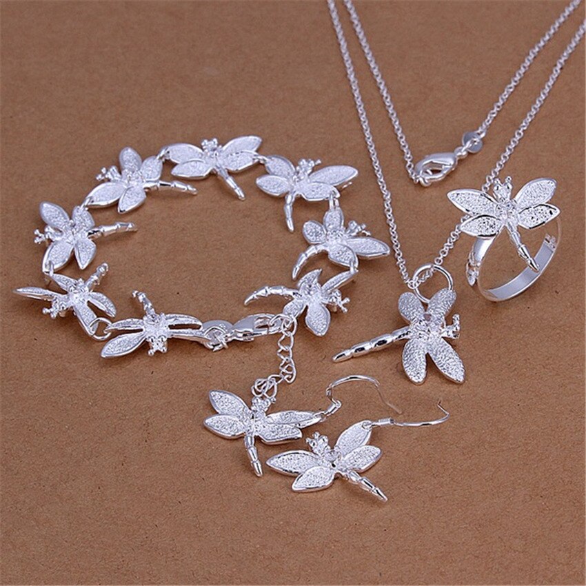 4PCS 925 Stamp Silver Color Sets Dragonfly Earrings Necklaces Rings Bracelet Womens Costume Party Wedding Set Bridal Jewelry