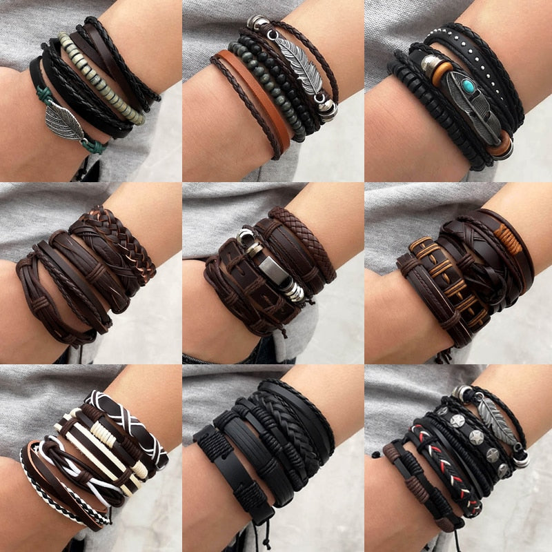4PCS/SET Vintage Leaf Pendant Rice Beads Adjustable Rope Chain Bracelet Punk Braided Wrap Wristbands For Men  Jewelry
