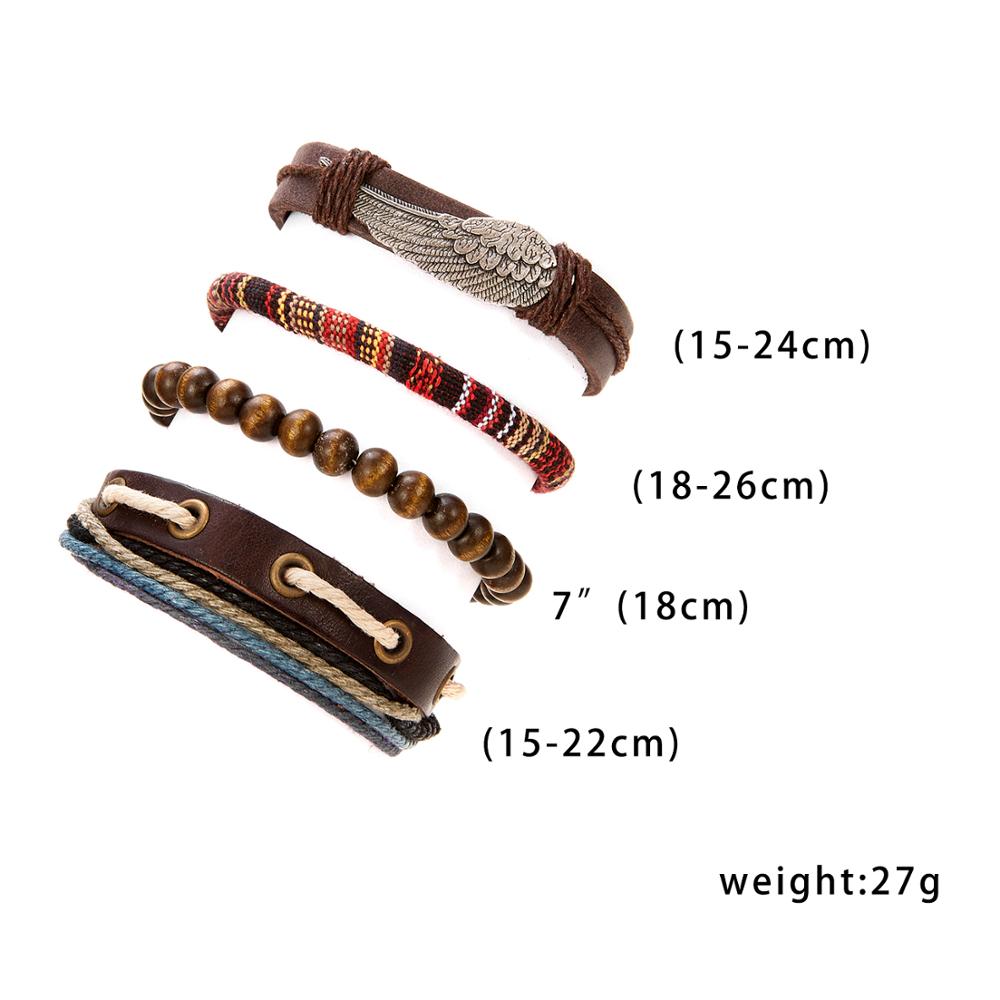 4PCS/SET Vintage Leaf Pendant Rice Beads Adjustable Rope Chain Bracelet Punk Braided Wrap Wristbands For Men  Jewelry