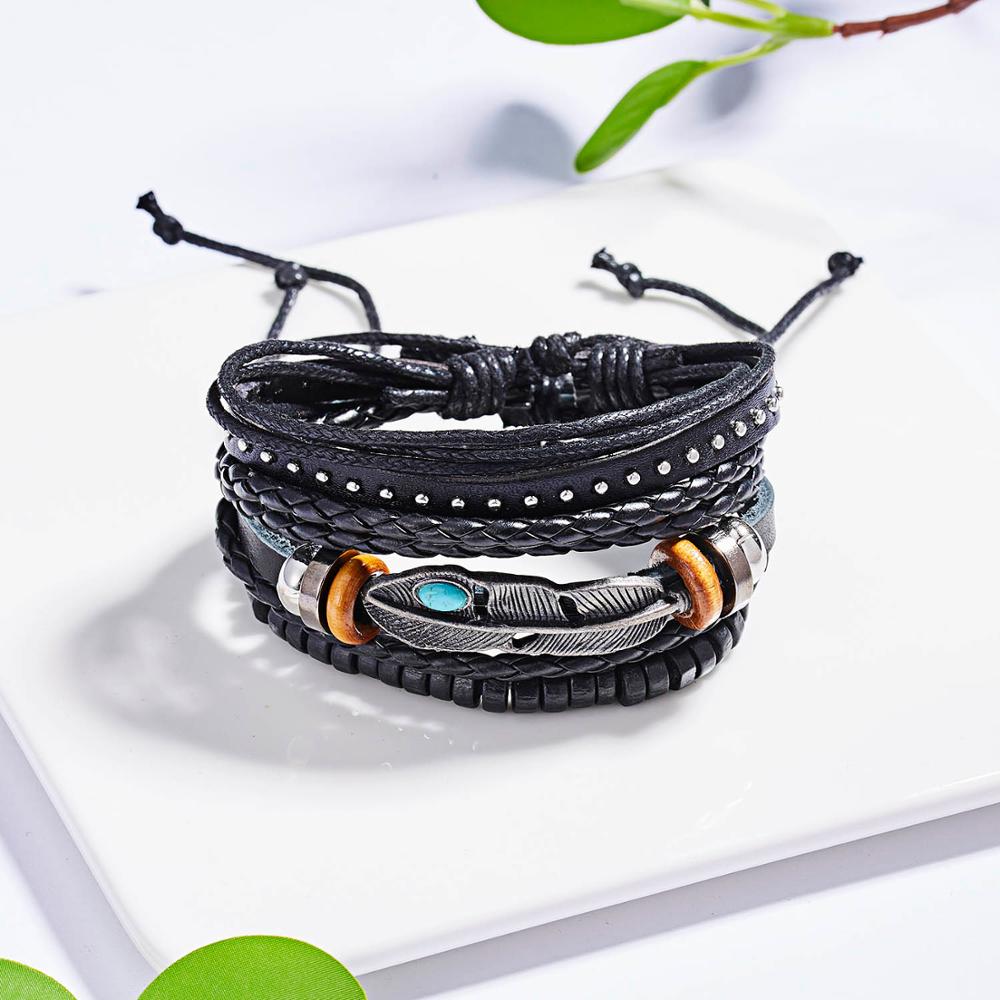 4PCS/SET Vintage Leaf Pendant Rice Beads Adjustable Rope Chain Bracelet Punk Braided Wrap Wristbands For Men  Jewelry