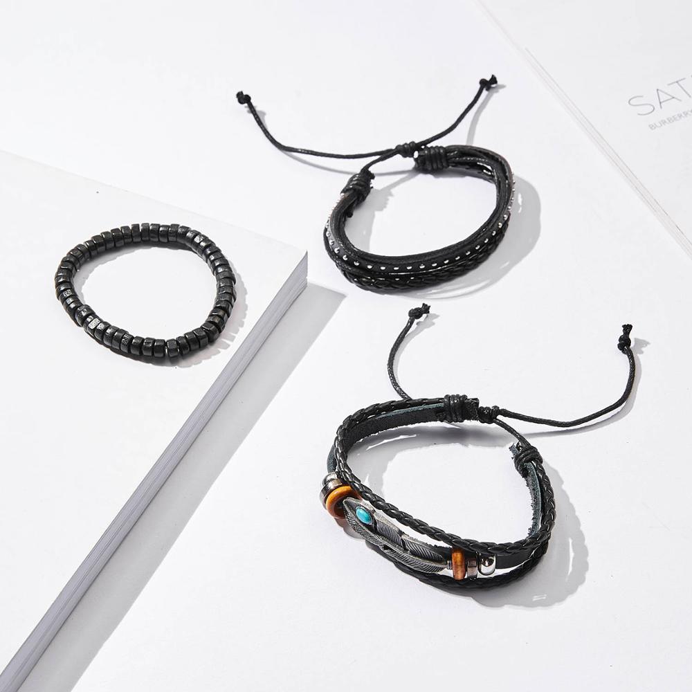 4PCS/SET Vintage Leaf Pendant Rice Beads Adjustable Rope Chain Bracelet Punk Braided Wrap Wristbands For Men  Jewelry