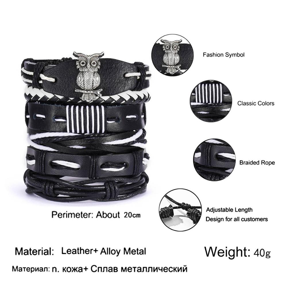 4PCS/SET Vintage Leaf Pendant Rice Beads Adjustable Rope Chain Bracelet Punk Braided Wrap Wristbands For Men  Jewelry