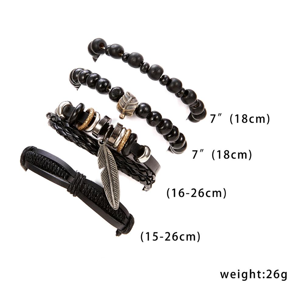 4PCS/SET Vintage Leaf Pendant Rice Beads Adjustable Rope Chain Bracelet Punk Braided Wrap Wristbands For Men  Jewelry