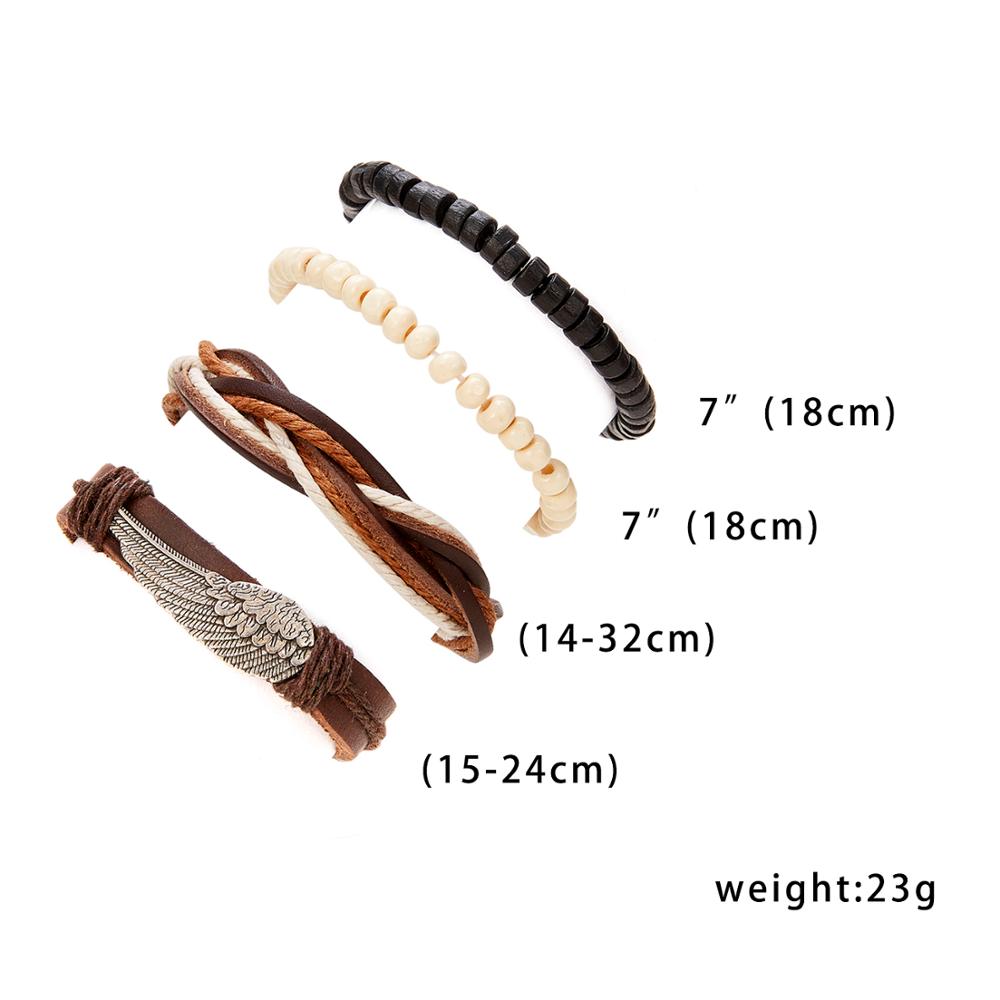 4PCS/SET Vintage Leaf Pendant Rice Beads Adjustable Rope Chain Bracelet Punk Braided Wrap Wristbands For Men  Jewelry